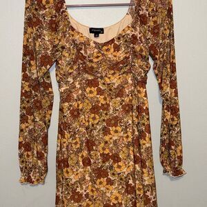 Floral Ruche Bodice Peasant Cottagecore Mini Dress Long Sleeve Style Womens M